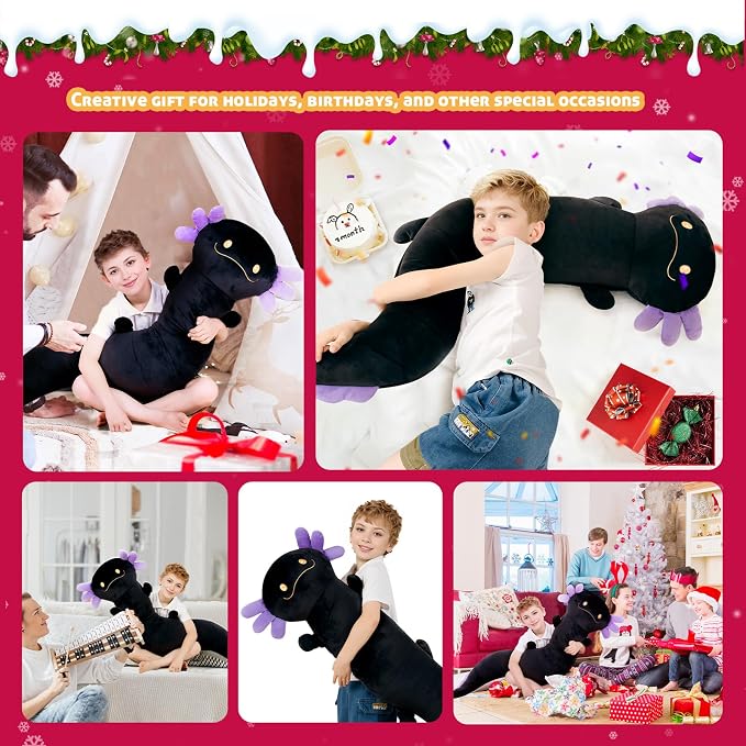 Tianmihou 36 Inch Giant Axolotl Plush Stuffed Animal, Big Black Axolotl Glow in The Dark Fluorescent Plushies, Large Body Pillow Gifts for Kids Boy Girl Adults, Birthday