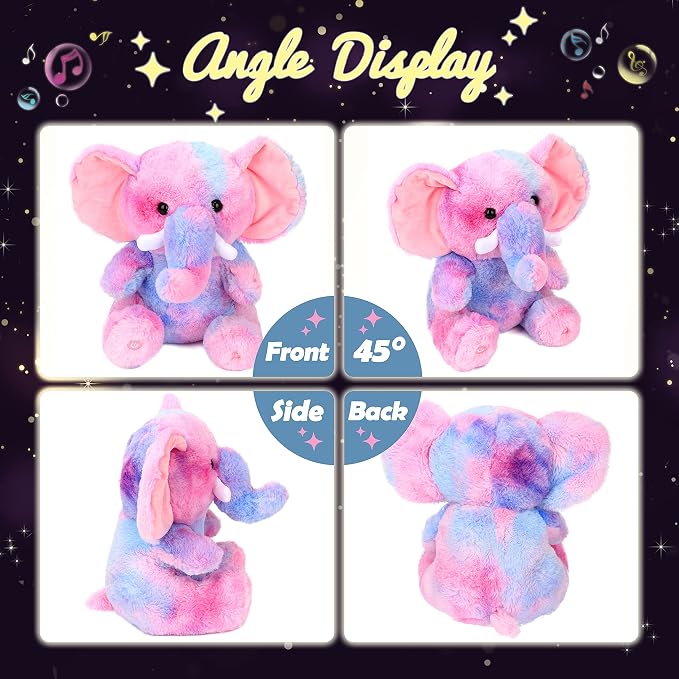 Hopearl Colorful LED Musical Stuffed Elephant Light up Singing Plush Elephish Adjustable Volume Lullaby Animated Soothe Birthday Festival for Kids Toddlers, Rainbow, 11''