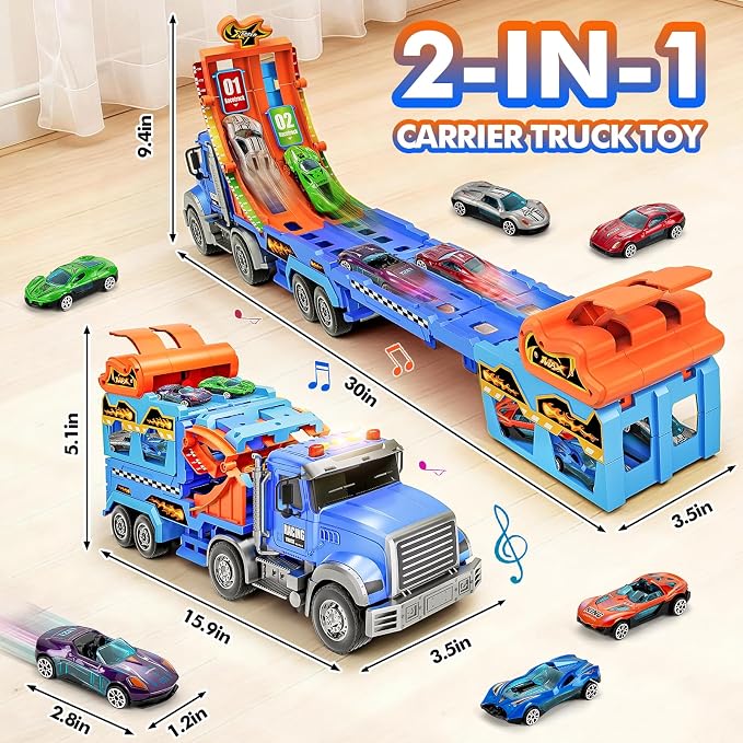 Kids Toys for 3 4 5 6 7 8 Years Old Boys, Carrier Truck Transport Car with Lights Sounds, Christmas Birthday Gift for Toddler, Foldable Layer Car Race Track Playset with Race Track, 6 Metal Toy Cars