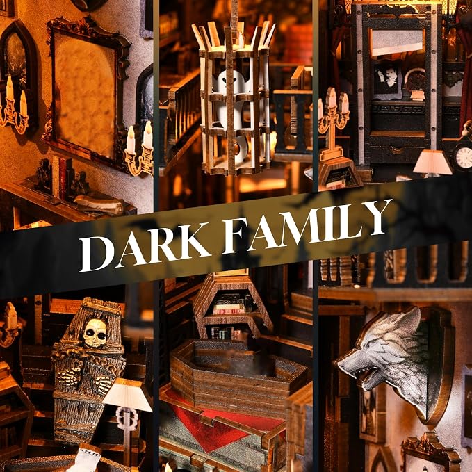 Book Nook Kit - Goth Castle DIY 3D Wooden Puzzle for Adults, Horror Bookshelf Insert with LED Lights, Halloween Home Decor Gift, The Dark Family