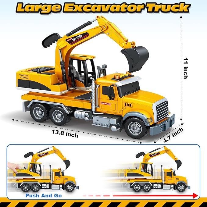 Bstoyder Kids Toys for 3 4 5 6 7 8 Years Old Boys, 15" Excavator Truck Toy with Lights, Sounds, Toddler Friction Powered Truck Vehicle Toy for Boys Girls Birthday Gifts