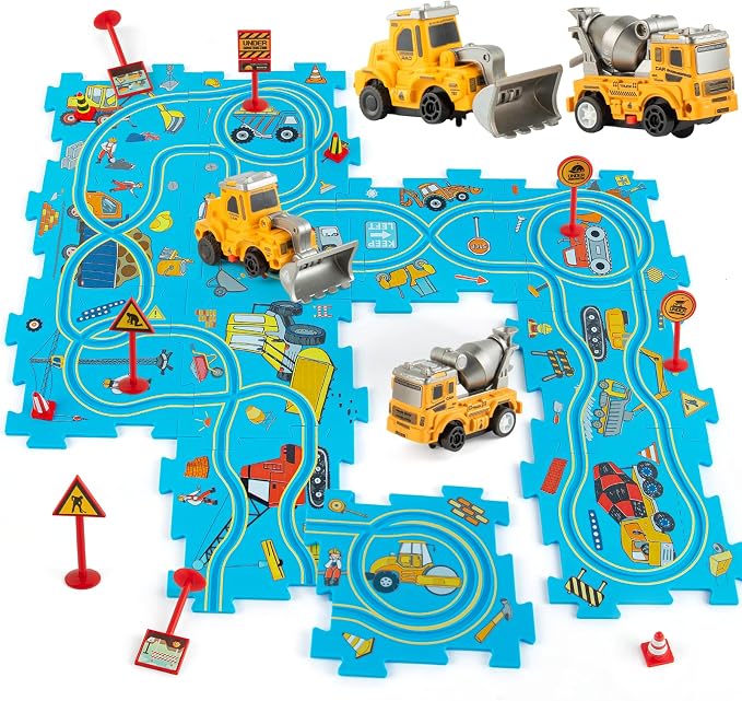 Plastic Puzzles for Kids Ages 3-5 with Toy Car Bulldozer + Cement Mixer, Gift Toys for 3 4 5 6 Year Old Boys Girls, Toddler Puzzles Gift, Critical Thinking Educational Toys