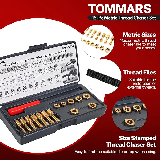 TOMMARS 15-Piece Metric Thread Chaser Set, M6 M8 M10 M12 Thread Restorer Tool Rethreading Repair Kit