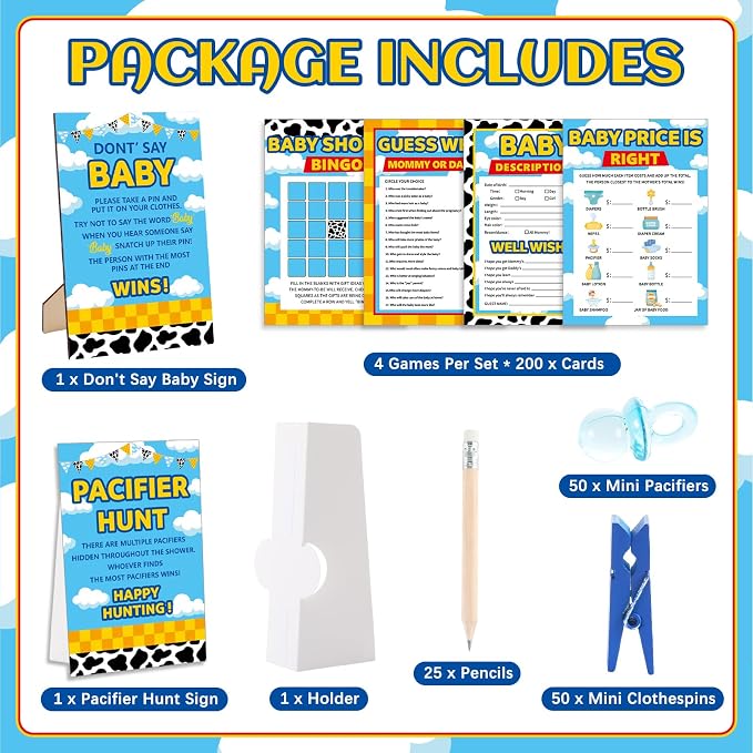 327 Pcs Cartoon Story Baby Shower Game Supply for Girl or Boy Include 200 Activity Card 25 Pencil 1 Don't Say Baby Sign 50 Clothespin 1 Pacifier Hunt Sign 50 Pacifier for Price Is Right Party Decor