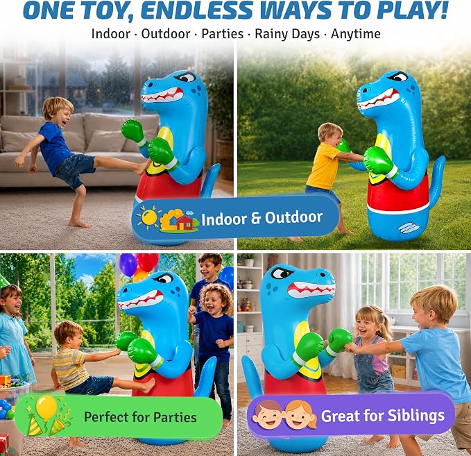 Preferred Toys 47" Inflatable Dinosaur Punching Bag for Kids - Durable Blow Up Kids Punching Bag with Bounce Back Base - Inflatable Indoor Outdoor Active Toddler Bop Play Toy