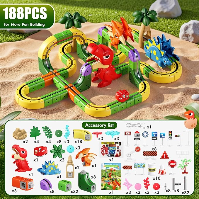 Upgrade Magnetic Train Set: 188PCS 3D Infinity Racer Electric Train Set for Kids Flexible Cube Track Anti-Gravity Dinosaur Train Toys Gifts for 3 4 5 6 7 8-12 Year Old Boys Girls