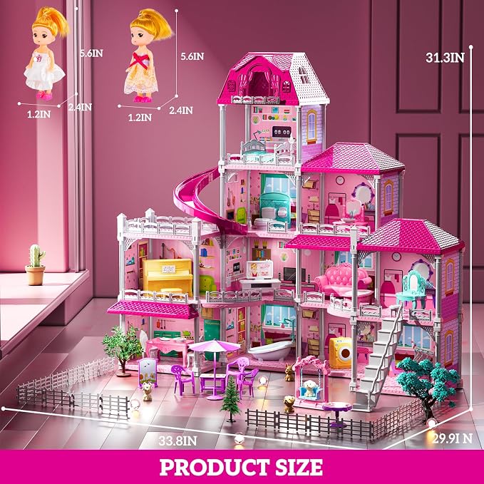 JUKUDAHU Villa Playset for Girls Ages 3-7, Indoor Playset Girls Toys for Ages 6-8 with 4 Storeys 11 Rooms 2 Dolls, Furniture and Accessories, Pretend Toddler Toy, Birthday Gifts for Kids 3 4 5 6 7 8