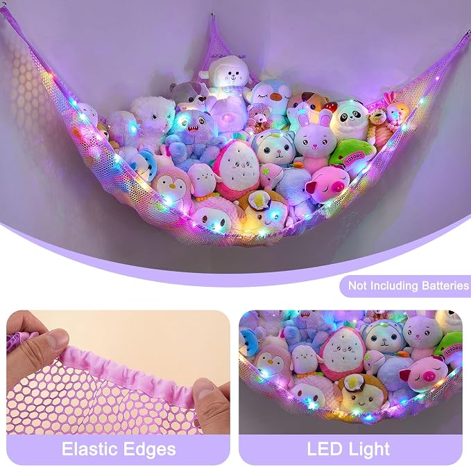 Stuffed Animals Net or Hammock Kids Toy Storage Organizer with LED Light Unicorn Castle Hanging Corner Stuffed Animals Holder Kids Girls Room Decor (Pack of 1)
