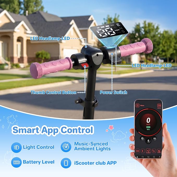 iScooter 2-in-1 Kids Electric Scooter ik7,Up to 12mph&10Miles Range，250W Motor, Headlight & Brake Taillight, Removable Seat&Basket, Smart App Parental Control,Electric Scooter for Kids Ages 10-14