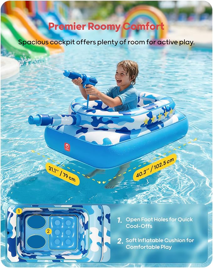 QPAU Inflatable Tank Pool Float for Adults & Kids – Ride-On Camouflage Floaty with Water Cannon, Swim Raft Toy for Boys Girls, Lake Beach Backyard Party Floaties