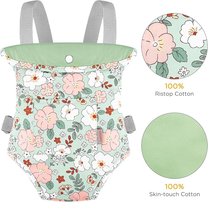 GAGAKU Toy Baby Doll Carrier for Toddlers 3+ Years Old, Reborn Baby Doll Accessories Pretend & Role Play Carriers for Kids - Green Camellia