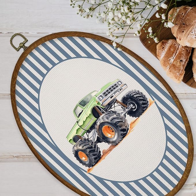 WULQYING Vintage Green Truck Nursery Wall Art Decor, Boy Nursery Oval Framed Canvas Art Prints, Blue Striped Truck Wall Hanging Decor for Kids Boys Toddler Room Bedroom Playroom, 8.6x11.4 Inches