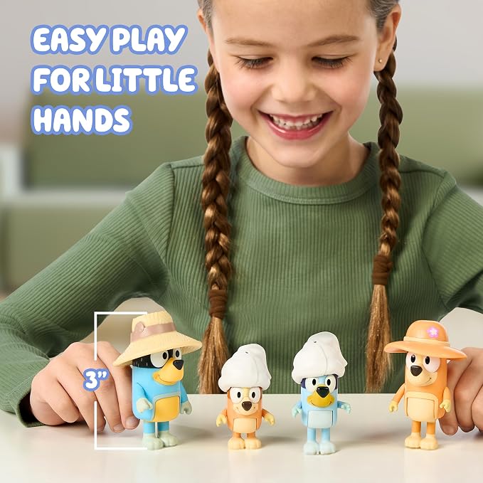 Bluey Family Figures Trip Pack of 4, Articulated Character Toys with Bingo, Bandit, and Chilli Figurines, Action Figures for Kids Ages 3+