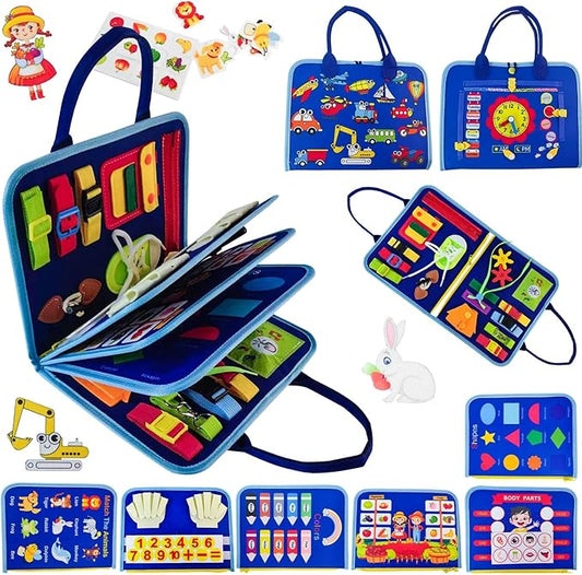 Busy Board for Toddlers 1-4, Montessori Sensory Activity Board with Fine Motor Skills Learning Toys, Travel Toy for Airplane and Car, Educational Gift for Boys and Girls