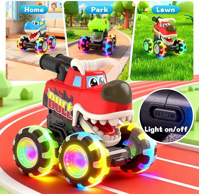 Monster Truck Toys, 3 Pack Light Up Cars for Toddlers, Baby Animal Toy Trucks Dino Cars with LED Lightning Wheels, Press & Go Car with Moving Mouth for Kids Boys Girls Christmas Birthday Gifts