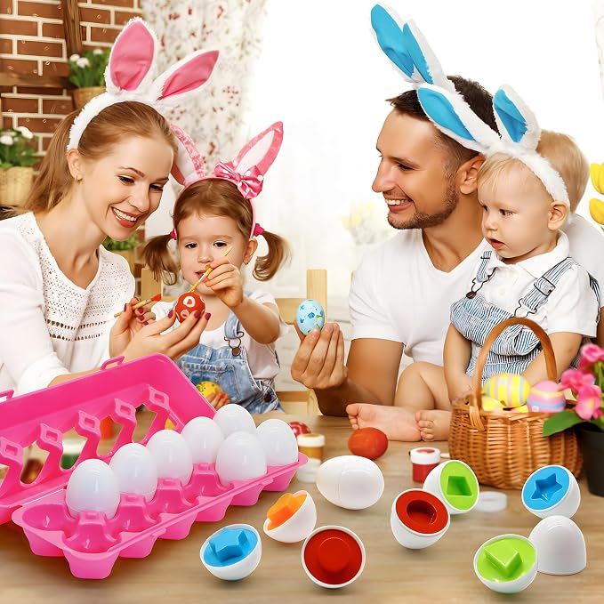 MOONTOY Montessori Matching Egg, 12PCS Color & Shape Recognition Toy for Toddler 1-3, Educational Learning Eggs Toy with Pink Storage Case, Easter Eggs Basket Stuffers Gift for 1 2 3 Year Old Girl Kid