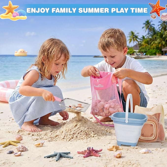 Beach Sand Toys Mesh Shovel Set for Kids, 3 Pack Collapsible Sand Buckets and Filter Sand Scooper with Mesh Bag for Shell Collecting, Shark Tooth Sifter Dipper Sandbox Toys for Toddlers Boys Girls