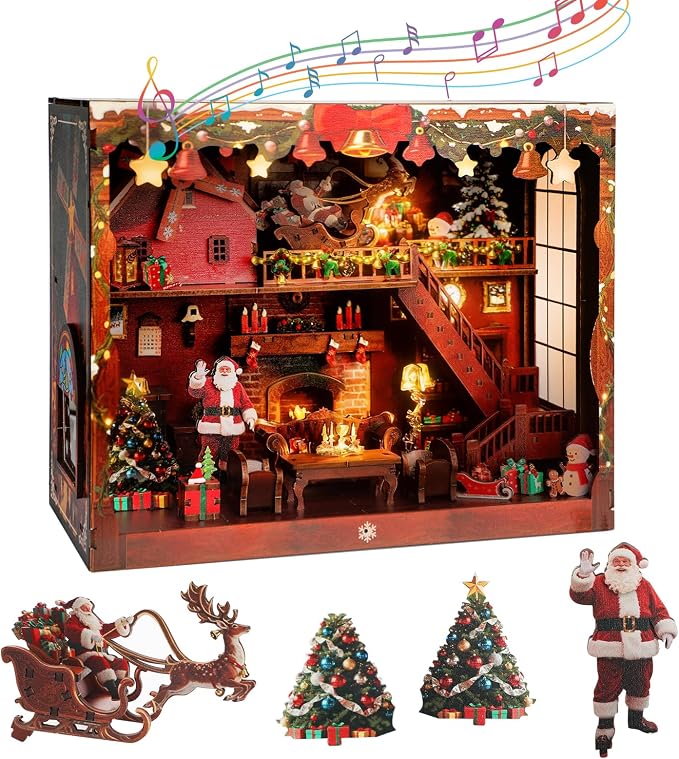 DIY Miniature House, LED Lighting Book Nook Kit Dollhouse Kit,Music Box Dollhouse, 3D Wooden Puzzle with Dust Cover,Gifts for Family, Friends,Christmas(Christmas Carnival)