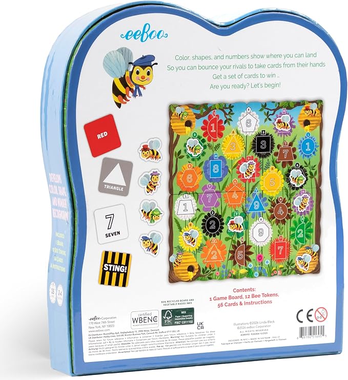 eeBoo: Bouncy Bees Board Game, Learn Colors Numbers and Shapes, Strategy Game for 2-4 Players, Screen-Free Fun, Kids Ages 3 and up