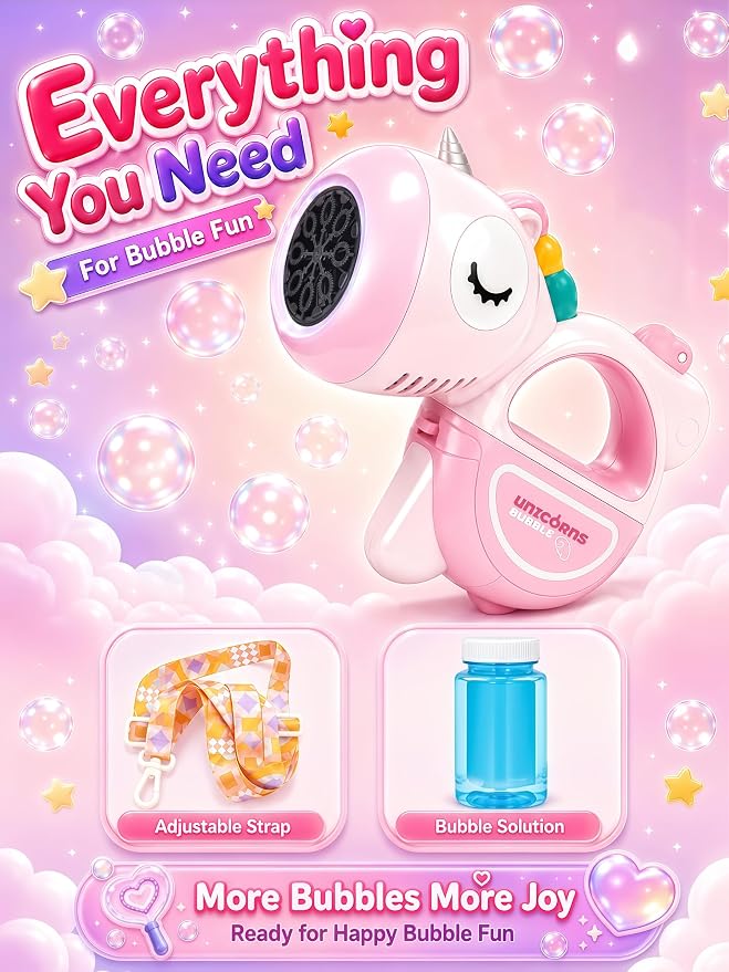 Unicorn Automatic Bubble Machine for Toddler Kid Princess Toy Age 3 4 5 6 7 8 Year Old Little Girl Boy Gift Maker Blower Summer Outdoor Burbujas Niñas Easter Christmas Birthday Present Pink