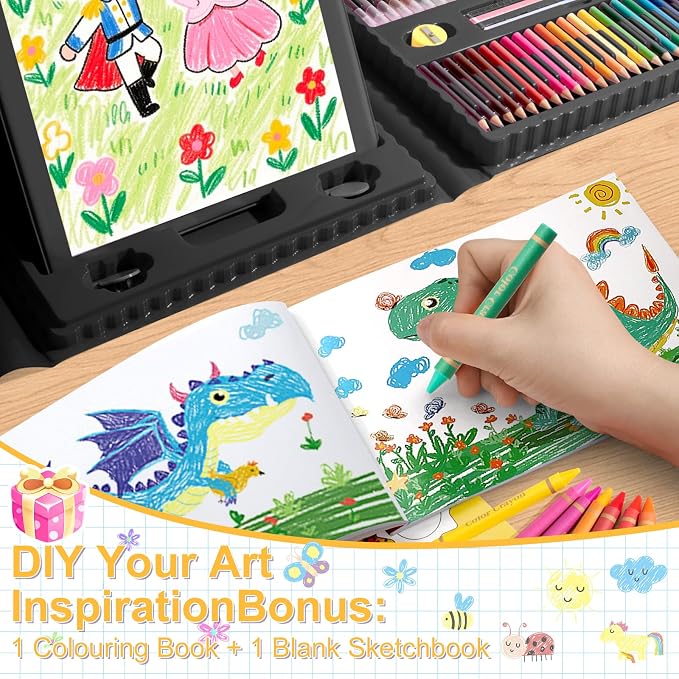 GOTIDEAL Kids Art Kit,Art Supplies for Kids,210 PCS Art Set with Double Sided Trifold Easel,Coloring Book, Crayons, Markers, Watercolor Pens, Arts & Crafts,Gift for 4-12 Year Old(Black)