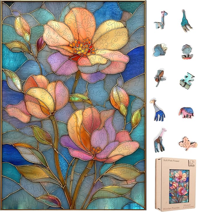 Leodozzio Wooden Puzzle for Adults, Mother’s Day Stained Glass Flower Puzzle, 200 Piece Unique Shape Jigsaw, 5MM Thick, Gift for Her, Home Art Decoration, 8.7 x 12.5 Inch