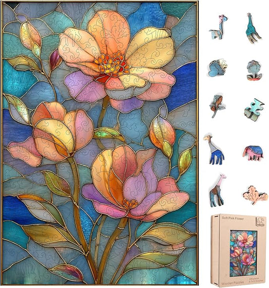 Leodozzio Stained Glass Wooden Puzzles for Adults, Flower Jigsaw Puzzles 500 Pieces, 5MM Thick Unique Shaped Animal Wooden Puzzle, Birthday Gifts, Family Games, 12.4x17.8 Inch