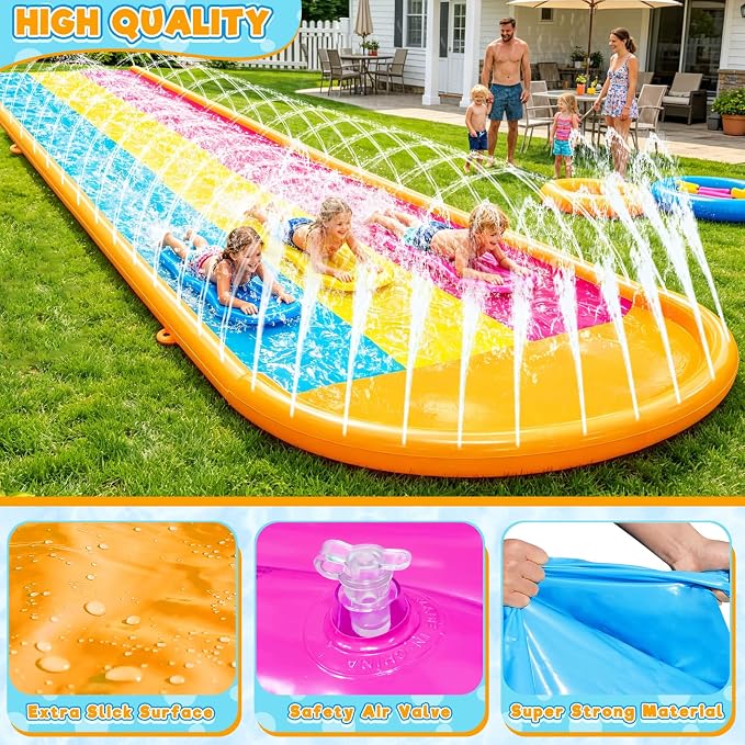 [ 3 Sided Safe Fence ] Extra Width Triple Slip Water Slide with 3-Way Sprinklers, Backyard Lawn Water Slides and 3 Bodyboards with Handle, Summer Outdoor Water Fun Toys for Kids Adults,16Ft x 7Ft