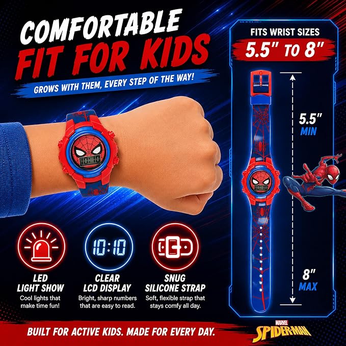 Marvel Spider-Man Kids Watches – Digital Display, Interactive Features, Adjustable Strap, Vibrant Spider-Man Graphics, Durable for Active Kids