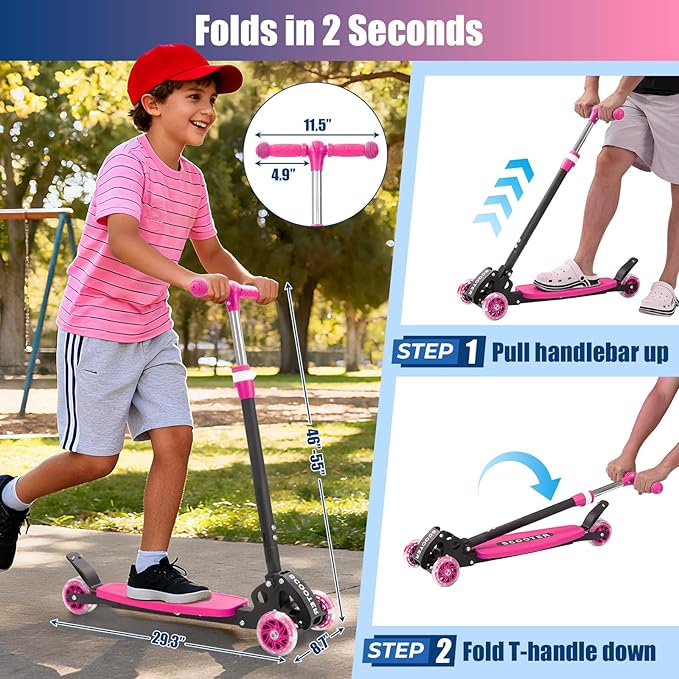 3 Wheel Scooter for Kids Ages 3-12, LED Light-Up Kids Kick Scooter–Portable Foldable, Adjustable Height, Durable Metal Construction, 6" Extra Wide Deck for Outdoor Activities,Child Safety Certified