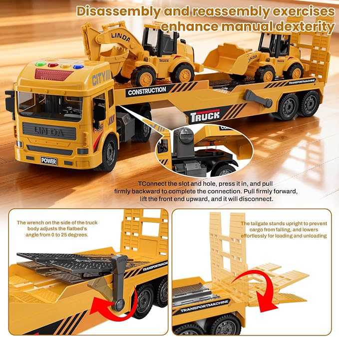 3-in-1 Excavator Bulldozer Engineering Semi-Truck Toy Set for Boy Gift Age 3 4 5 6 7 Large Transport Vehicle Road Trailer Truck Loader Kids Play Inertia Construction Toy Toddlers Digger Sound Light