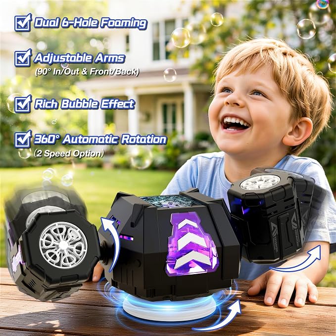 cossy Rechargeable Bubble Machine, 360° Automatic Rotation Bubble Machine for Kids, Bubble Maker with Remote Control, RGB Lights & 20000+ Bubbles Per Minute, Outdoor Toys Games for Kids/Adults (Black)