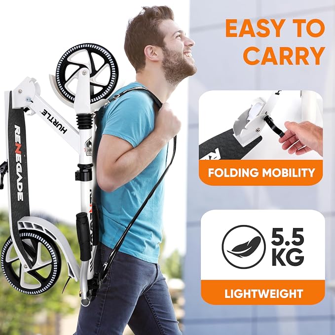 Hurtle Renegade Kick Scooter for Kids, Teenagers & Adults - 2-Wheel Folding Scooter with Adjustable T-Bar Handlebar - Alloy Anti-Slip Deck