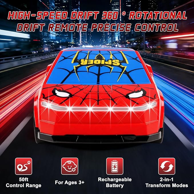 Spider Transform RC Car Toy for Boys 3-8, 2.4GHz Remote Control Cyber Hero Robot Car with LED Light, One-Button Deformation, 360° Drift Pickup Truck Toy Gift for Kids