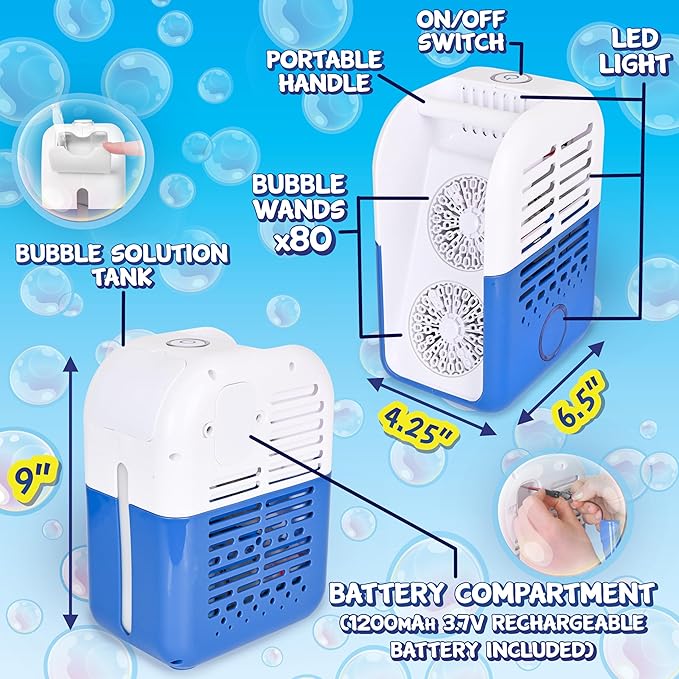 Light Up Portable Bubble Blower Party Machine, 20,000+ Bubbles Per Minute, Rechargeable, Wedding, Holiday Party, Birthday Party, Pool Party, Bubble Machine, Bubbles, Includes Bubble Solution