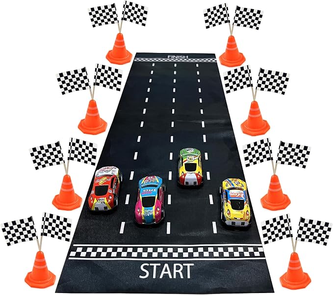 41PCS Mini Race Car Table Game Set Mini Race Cars Traffic Cones Checkered Flags Racetrack Tablecloth for Doll House Decor Birthday Party Supplies