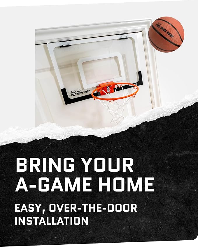 SKLZ Pro Mini Indoor Basketball Hoop with Ball, Over the Door, Shatter-Proof Backboard, Spring-Action Break-Away Steel Rim, Great for Home, Dorm Room, and Office