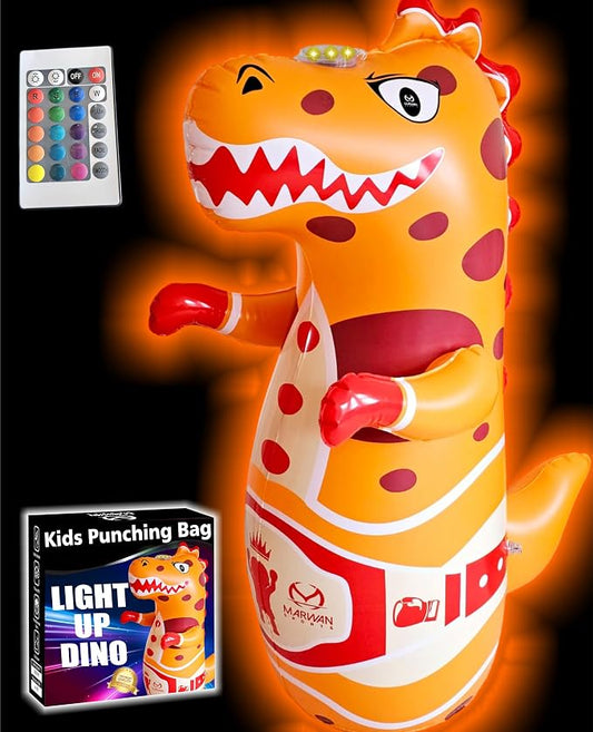 Marwan Sports Dinosaur Punching Bag for Kids Ages 3-10 — 47" Sensory Bop Bag, Glow-in-the-Dark with Roaring Sounds & Color Changing Lights | Indoor Energy Burner & Birthday Gift for Active Kids