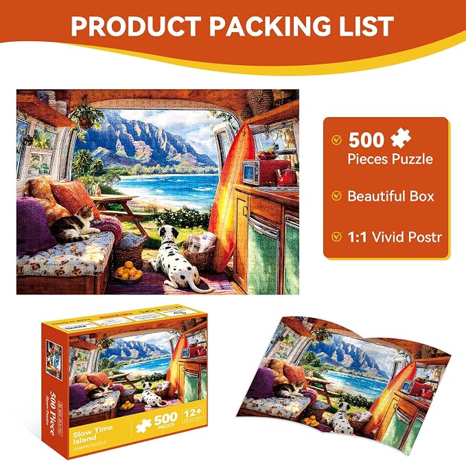 500 Piece Jigsaw Puzzle for Adults –Camper Van Dog Cat Jigsaw Puzzles 500 Pieces, RV Camping Puzzles for Adults 500 Pieces, Challenging Perfect for Game Nights, 20.5 X 15 in