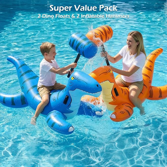 Jasonwell Pool Games Toys Floats -2Pack Inflatable Dinosaur Pool Floats with Blow Up Toy Hammers Ride on Pool Floaties for Kids Teens Adults Lounge Raft Summer Lake Beach Party Decorations