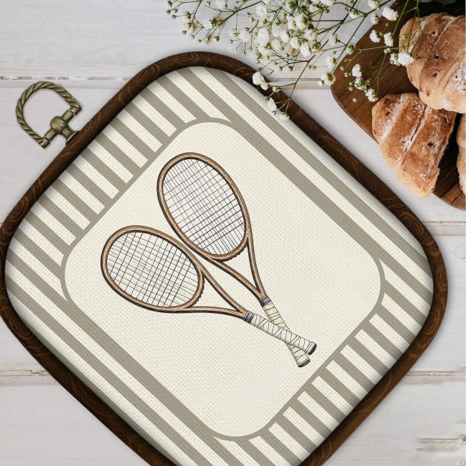 WULQYING Tennis Racket Sports Nursery Wall Art Decor, Boys Room Square Framed Canvas Art Prints, Neutral Striped Sport Lover Gift Wall Hanging Decor for Kids Nursery Room Playroom, 5.7x6.5 Inches