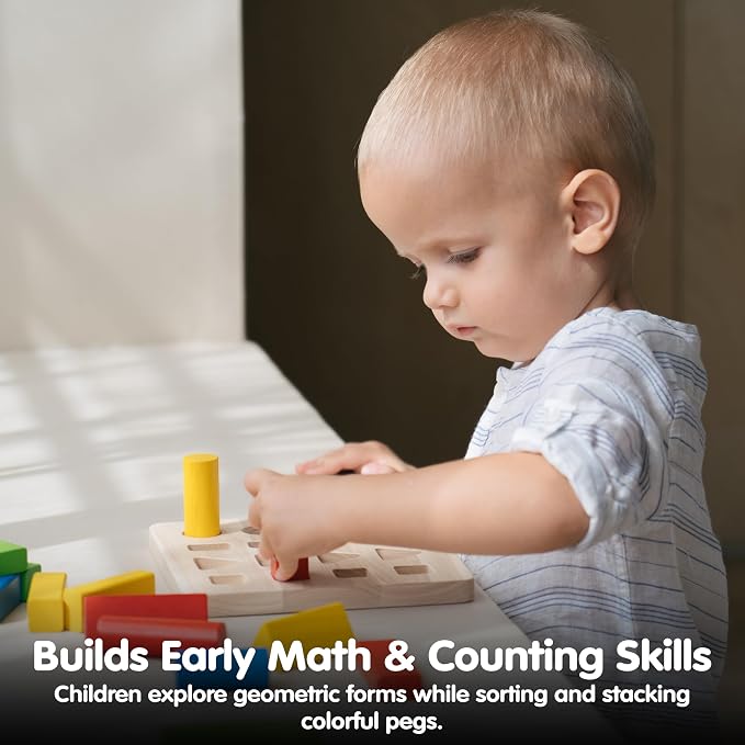 PlanToys® Geometric Peg Board Wooden Shape Sorting & Stacking Toy for Kids Ages 2+ | Montessori STEM Toy for Fine Motor Skills, Color Learning & Coordination | Eco-Friendly Educational Activity