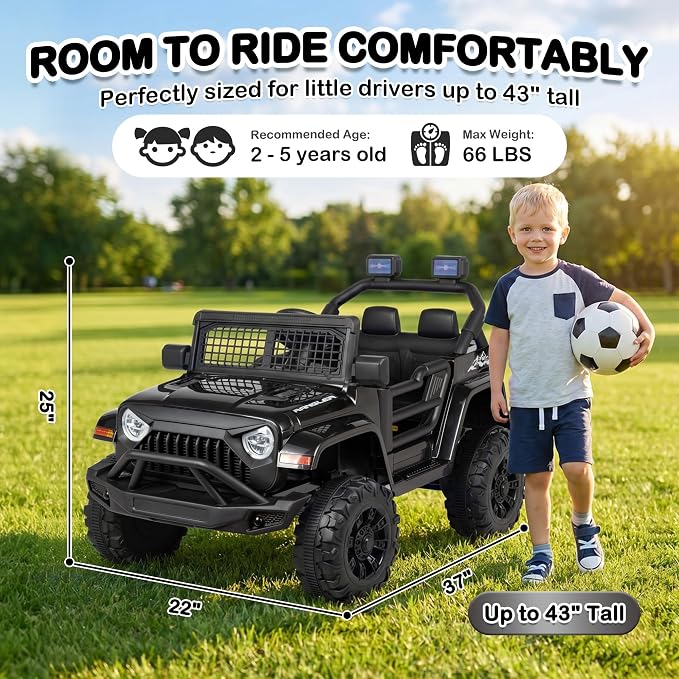 12V 7AH Kids Ride-On Truck Car, Electric Car with Parent Remote Control, Spring Suspension, LED Lights, Bluetooth, Music, Black