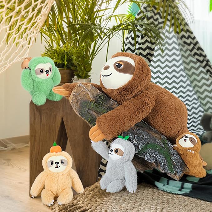 Tezituor Sloth Stuffed Animal Set, 23.6 Inch Giant Mommy Sloth Plush with 4 Baby Sloths, Large Soft Sloth Toy for Kids Adults,Sloth Plushies,Christmas Birthday Valentine’s Day