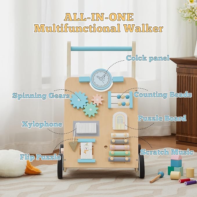 Baby Walker with Activity Center, Wooden Walker Toddler Push Walker Adjustable Height and Speed Montessori Walker Toy for Boys Girls Ages 9+ Months, Blue