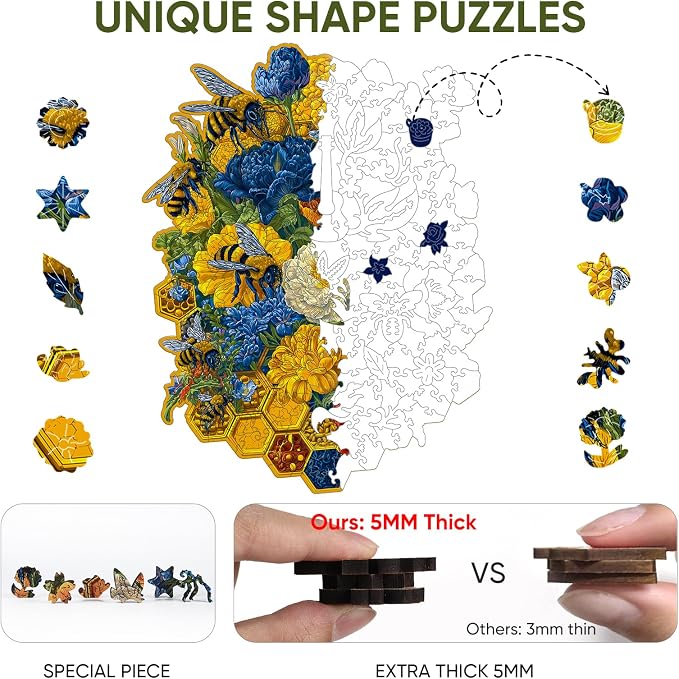 Mys Aurora Puzzles for Adults Flower and Bee Wooden Puzzles, 200 Pieces Unique Shaped Jigsaw Puzzles, Birthday for Mom Adults, Fun Challenge Family Game