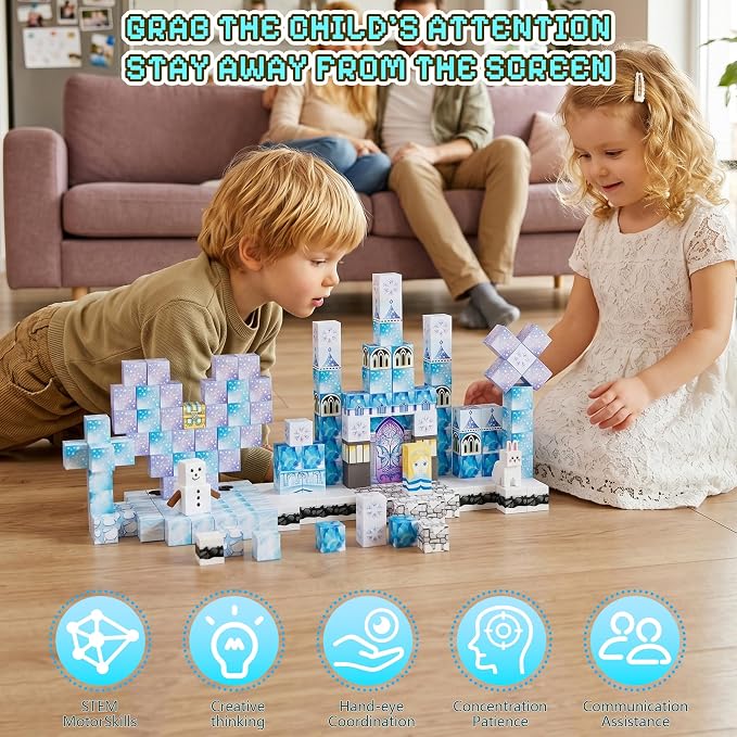 200 Pack Magnetic Blocks for Kids, STEM Construction Toys with Forest Theme | Creative Educational Games for Ages 3, 4, 5, 6, 7, 8, 9, 10 | Ideal Birthday for Boys & Girls (ICE, Count, 200)