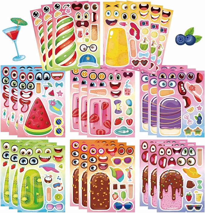 24 Sheets Make Your Own Ice Cream Stickers for Kids Toddlers, Make a Face Sticker Mix and Match Watermelon, Chocolate, Kiwi, Strawberry Ice Cream Stickers for Kids Activities Supplies Crafts