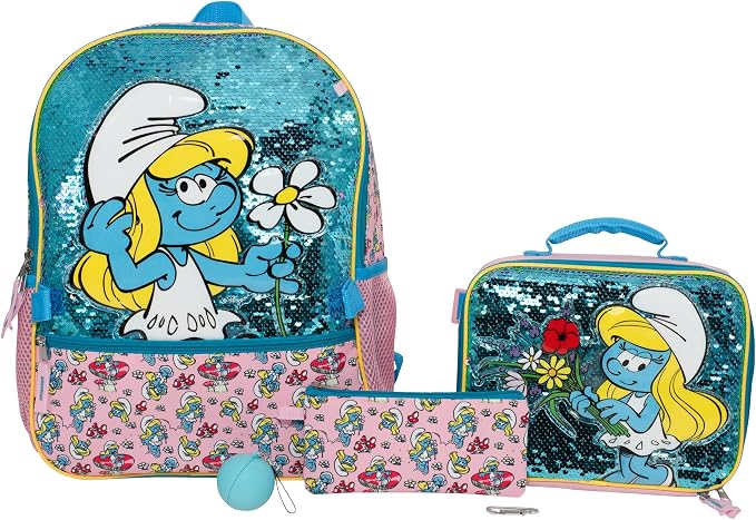 AI ACCESSORY INNOVATIONS Smurfs 5 Piece Backpack Set, Smurfette Flip Sequin Girls School Bag with Front Zip Pocket, 2 Side Mesh Pockets, Pink & Blue