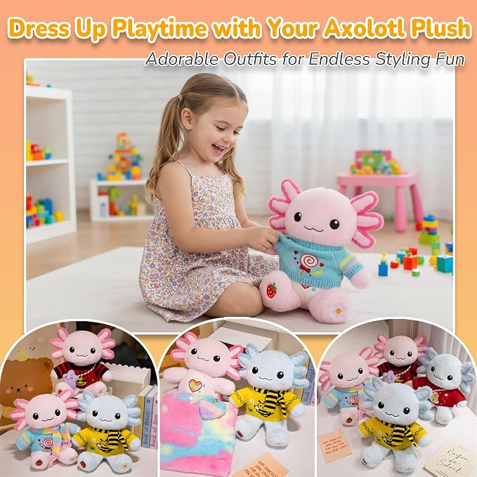 KUMANEKO Cute Axolotl Plush Gift Set with 12 Pcs Axolotl Stuffed Animal Clothes & Accessories, 13-Inch Axolotl Toy, Birthday/Graduation Gifts for 3/4/5/6/7/8/9/10/11/12 Girls Kids